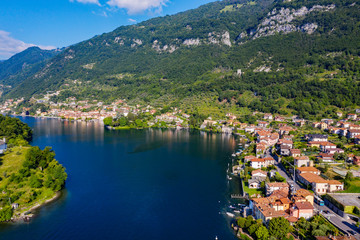 Fototapeta na wymiar Town of Sala Comacina, Como Lake, Italy, aerial view from the lake