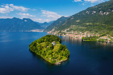 Town of Sala Comacina, Como Lake, Italy, aerial view from the lake