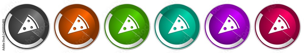 Poster pizza icon set, food, restaurant silver metallic chrome border vector web buttons in 6 colors option