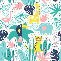 Tropisch naadloos patroon met toekan, flamingo& 39 s, tijger, olifant, giraf, cactussen en exotische bladeren. Vector