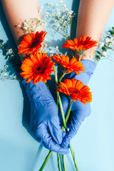 Female hands in medical gloves with beautiful flowers.