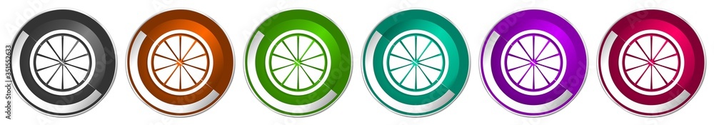 Fototapete Lemon icon set, fruit, fresh citrus silver metallic chrome border vector web buttons in 6 colors options for webdesign