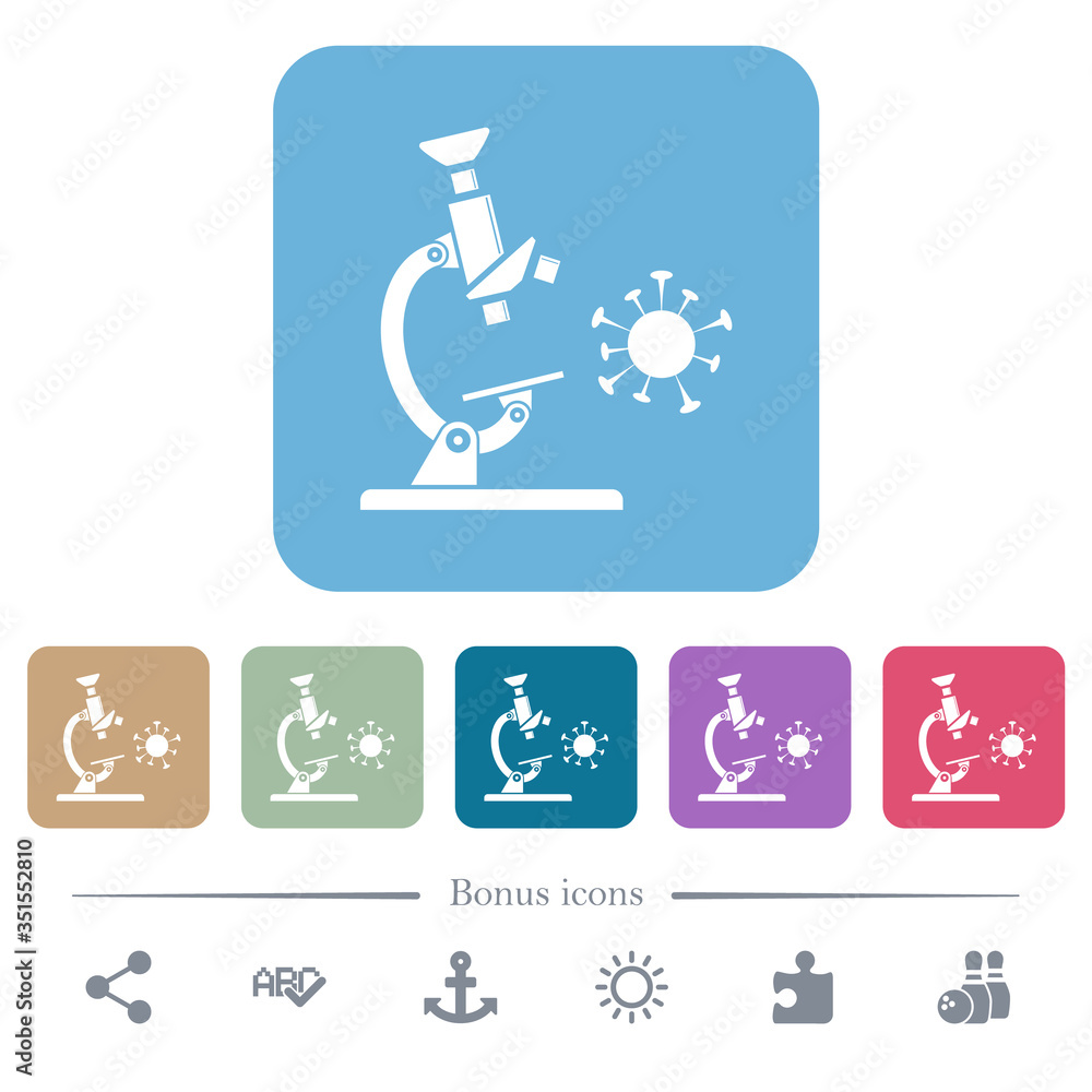 Poster microscope and virus flat icons on color rounded square backgrounds
