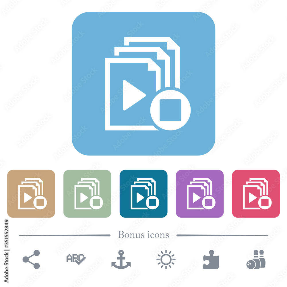 Poster stop playlist flat icons on color rounded square backgrounds