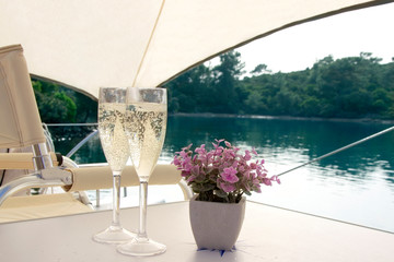 Sparkle wine or champagne and decorative succulent plant on front deck of catamaran sailing yacht