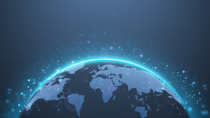 Planet Earth. World map. Global social network future. Internet and technology. Low poly, wireframe 3d vector illustration. Abstract polygonal image on blue neon background