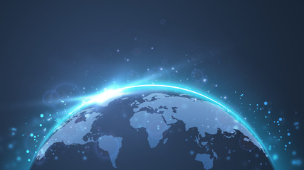 Planet Earth. Glowing World map. Global social network future. Low poly, wireframe 3d vector illustration. Abstract polygonal image on blue neon background