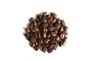 A pile of coffee beans on a white background