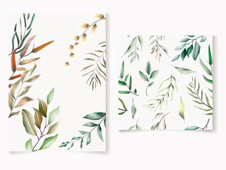 Watercolor leaves card and seamless bundle