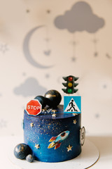 Birthday cake for kids, space cake for boy with planets and road signs