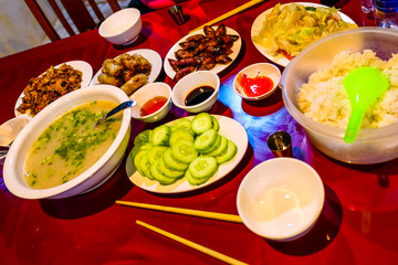 typical Vietnamese food and regional healthy dishes with fresh vegetables