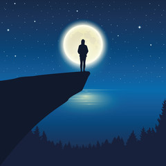 lonely girl enjoy the full moon by the ocean vector illustration EPS10