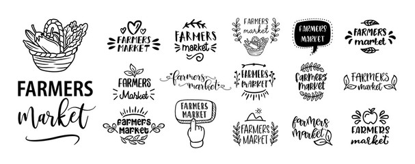 FARMERS MARKET set of hand drawn doodles badges, logo, icon, label. Farm market natural organic product brand sign symbol. Vector brush lettering typography - farmers market on a white background.