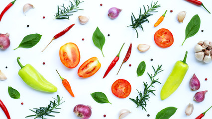 Cooking ingredients, Various fresh vegetables and herbs on white background.