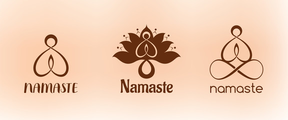 Emblem Namaste with man in lotus pose and flower lotus. Design for tattoo, yoga and other proects. - obrazy, fototapety, plakaty