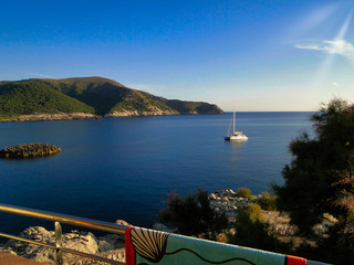 White catamaran in a bay