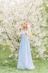 Obraz na płótnie Canvas woman in a long blue dress in a spring garden. Tender photo with white flowers