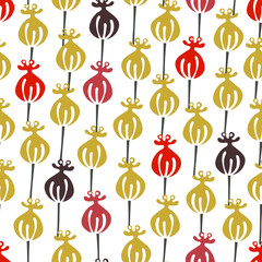 Hand drawn vector poppyhead, flower in mustard yellow, brawn, coral, red on whiet background. Abstract simple print for textile, fabric, package, gift wrap, wall art design