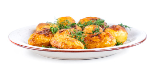 Fried fresh potatos and dill on a plate isolated on a white background