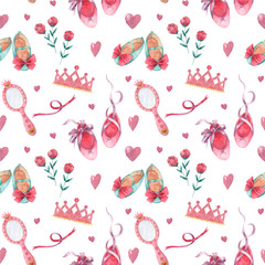 Hand drawn watercolor seamless pattern with little princess apparels and accessories. Baby girl festive pattern