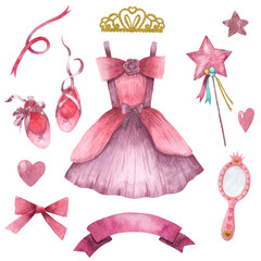 Hand drawn watercolor set of cute little princess apparels and accessories