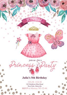 Watercolor baby shower invitation template. Little princess birthday invitation card