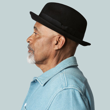Stylish senior man wearing a black hat in a profile shot mockup