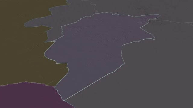 Central Darfur, state with its capital, zoomed and extruded on the administrative map of Sudan in the conformal Stereographic projection. Animation 3D