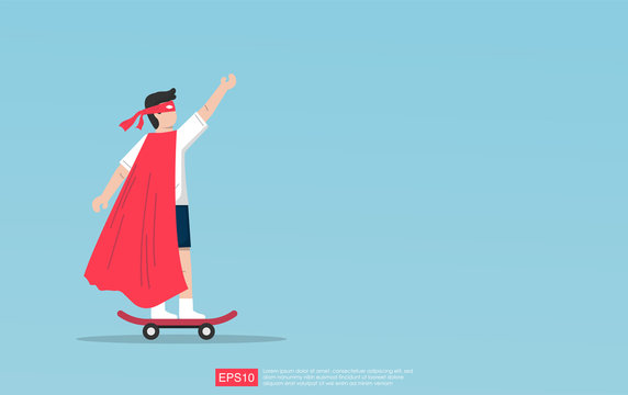 Child pretend to be superhero. Kids character having fun on skateboard. Playing at home with creativity and imagination. Success, leader and winner concept. Vector illustration