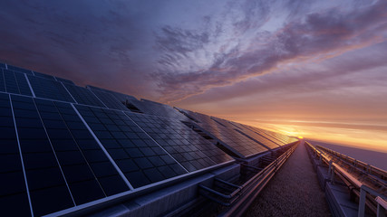 Solar Panels with the Sun Beyond the Horizon 3D Rendering