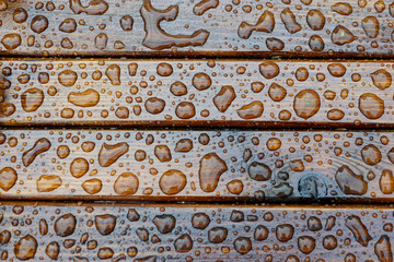 Background of water drops on a wooden surface
