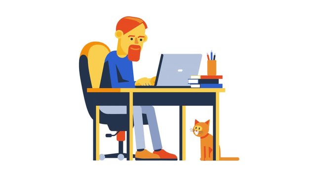 Bearded Man work remotely with laptop. Freelancer working online with computer. Looped Animation with alpha channel.