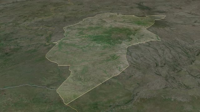 Central Darfur, state with its capital, zoomed and extruded on the satellite map of Sudan in the conformal Stereographic projection. Animation 3D
