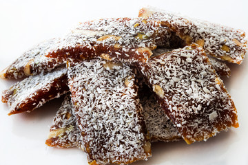 Traditional turkish dessert cezerye. Feast of Ramadan. Coffee or tea is served with cezerye....