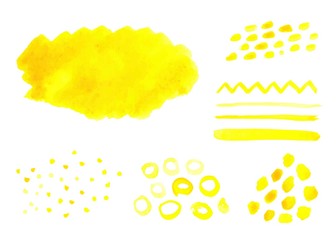 Set of yellow Watercolor stains isolated on a white background. Different brush, Stripes, lines, circles, dots, wave, prints, backgrounds, ring. Vector stock illustration. Watercolor splash collection