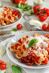 South italian  pasta orecchiette with tomato sauce and cacioricotta cheese
