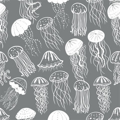 Vector illustration of different white silhouettes jellyfish seamless surface pattern. Sea background of fish.