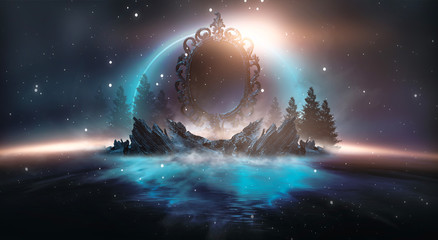 Night futuristic landscape, neon circle in the center. Islands with trees. A magic mirror and a fantastic glow, light. Reflection of neon light on the water. Night view of nature under the open sky.