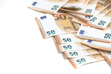 Stack of 50 euro banknotes isolated on a white background. Financial crisis. Purchasing power of money