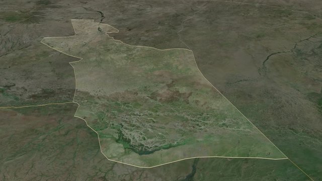 East Darfur, state with its capital, zoomed and extruded on the satellite map of Sudan in the conformal Stereographic projection. Animation 3D