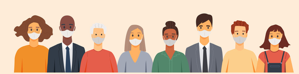 People in protective medical face masks. Men and women wearing protection from virus, urban air pollution, smog, vapor, pollutant gas emission. Vector illustration.