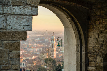 Bergamo The ancient gate of Bergamo. Top view of the city
