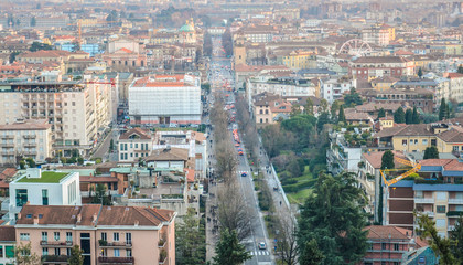 Fototapeta premium Bergamo The ancient gate of Bergamo. Top view of the city 
