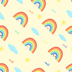 seamless pattern with rainbow, clouds and sun on pastel yellow background. Vector cute template with word smile. Kawaii faces with happy emotions. Summer pattern for kids, wrapping paper and printing