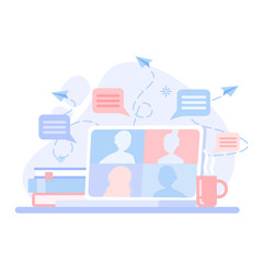 Video conference landing.People on computer screen taking with colleague. Videoconferencing and online class.School learn study from home.Teleconference web video conference.Vector flat illustration.