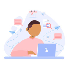 Man is working at his laptop and the ikons on the background.  Freelancer at home in quarantine. Vector flat style illustration isolated on white background.