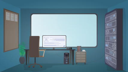Security room. Computer, monitor, table, chair, large screen, data server. Workplace of the security service. Cartoon style. Vector.