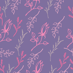 Floral pattern of flowers buds and twigs in pink-purple pastel . Delicate spring print. Vector seamless pattern in doodle style. Elegant floral ornament.