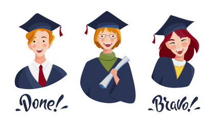 Happy graduate students in academic dresses and graduation caps. Boys and girls celebrating university graduation. Graduate vector concept. Education. Young successful student. Congratulation banner