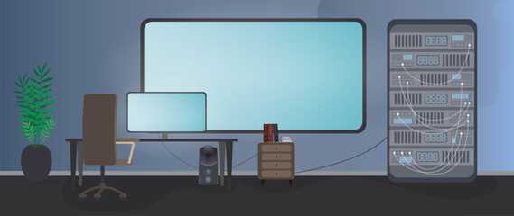 Security room. Computer, monitor, table, chair, large screen, data server. Workplace of the security service. Cartoon style. Vector.